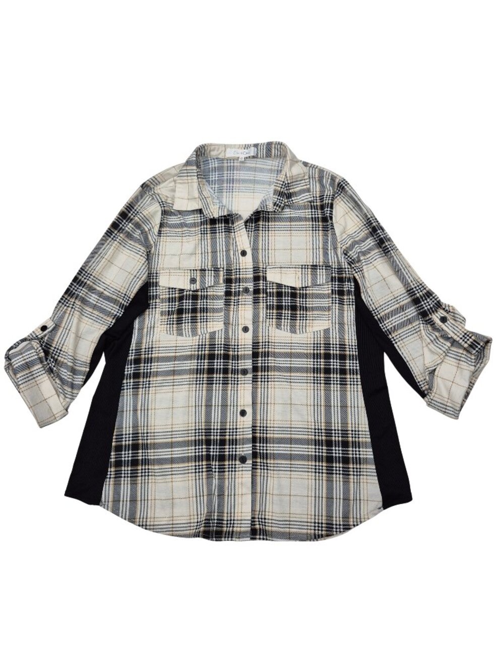 3/4 Sleeve Top Sz 1X Womens Blouse Roll Tab Plaid Button Front EDEN & OLIVIA